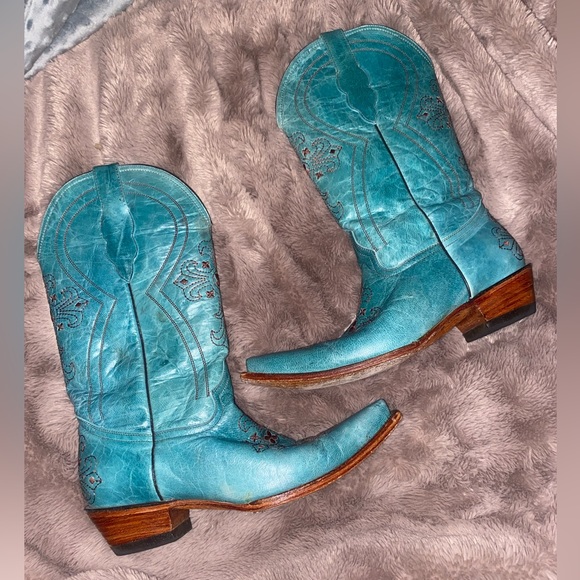 💎PECOS BILL Turquoise Leather Western Cowgirl Boots Embroidery Crosses 8.5 - Picture 2 of 16
